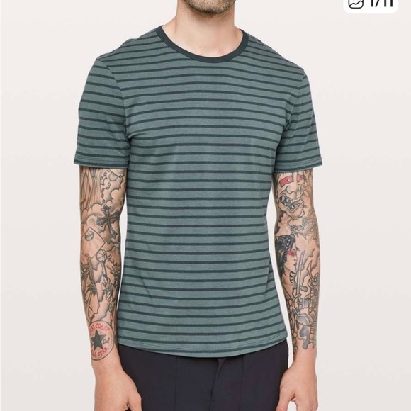 Lululemon 5 Year Basic Tee Yachtie Stripe Sea Steel Gravity Green Stripe Mens - Picture 1 of 10